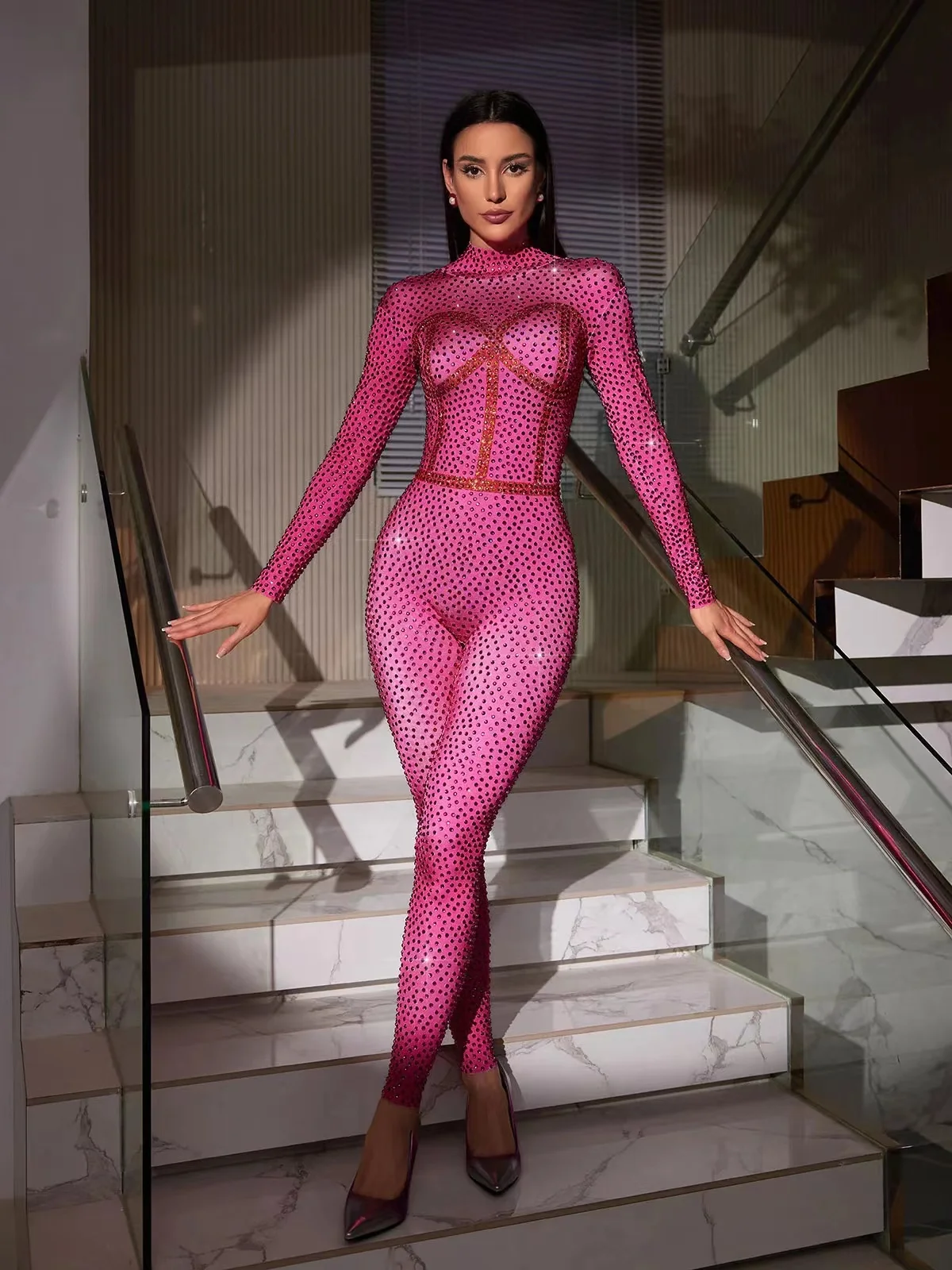 

Pink Diamond Jumpsuits Sexy Stage dance preformance outfit Gelia Body Printed Rhinestone Jumpsuit
