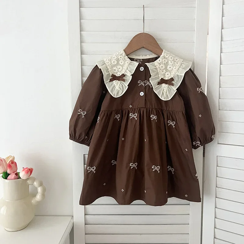 

Kids Dress New Spring 2025 Bow Fashion Korean Casual Embroidery Long Sleeve Baggy