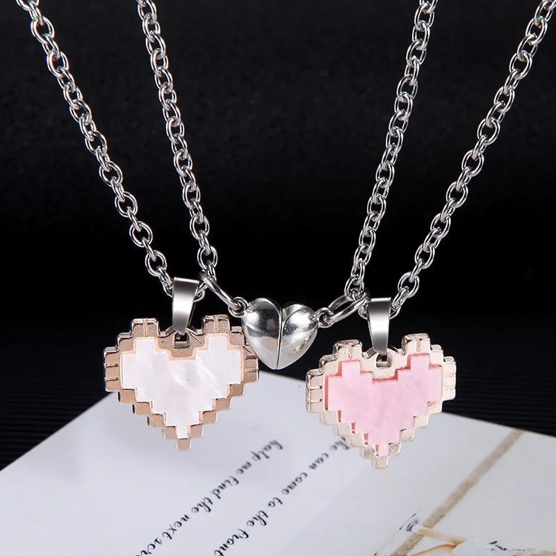 Mosaic Magnetic Valentine Day Love Heart Shaped Pendant Necklace Fashion Versatile Pendant Trendy Jewel Cute Couple Necklace