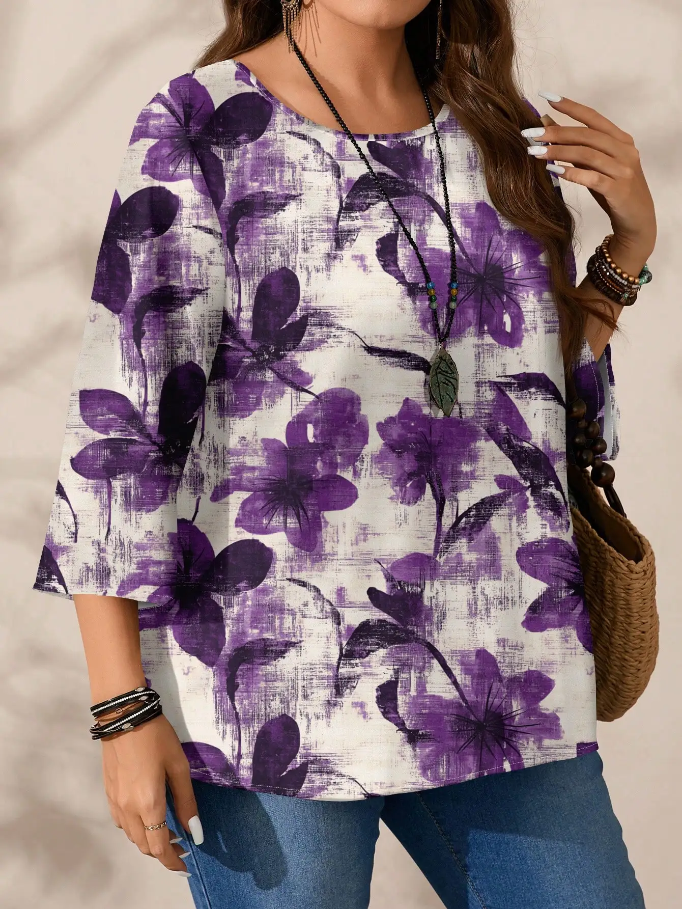 

Casual Floral Print Round Neck 3/4 Sleeve Blouse For Women