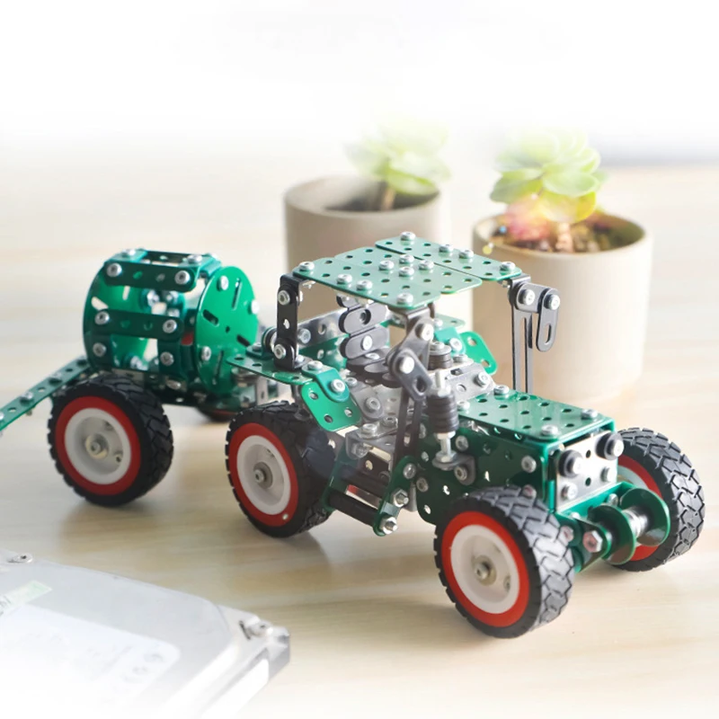 3D Metal Building Block Toy Screw Nut Assembly Simulation Agricultural Tractor Water Spray Truck Car Model Boy Gift