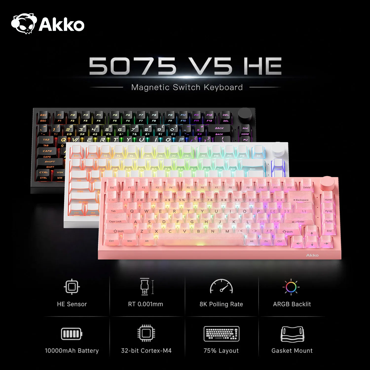 Akko Magnetic Keyboard HE 75% Layout RT0.001mm 8K USB Type-C Wired/Wireless ARGB Custom Gamer Keyboard Gasket Structure 5075 V5