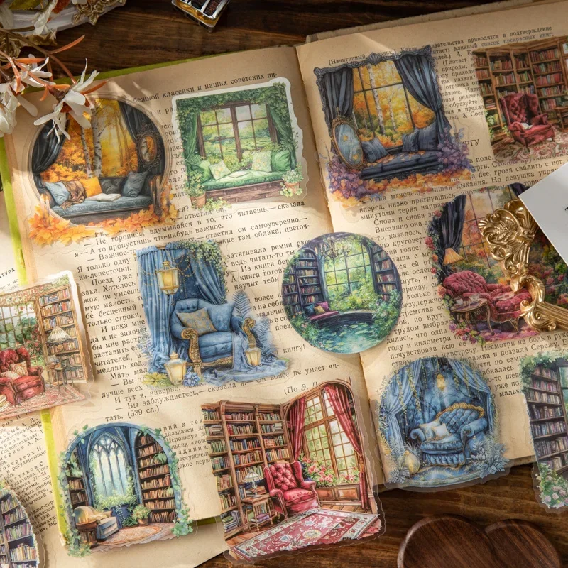 10 Stück Rhythmus Bücher Fenster Lesecke Pack Ahorn Thema Fenster Licht Retro Briefpapier Serie PET Aufkleber Ansicht 141*90mm