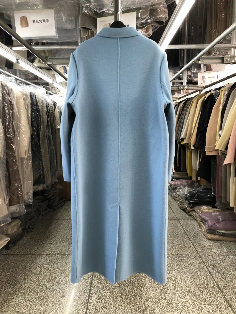 Korean Fashion Double Breasted Long Wool Shoulder Pad Blue Coat Women Elegant Beige Autumn Winter Jacket Long Beautiful