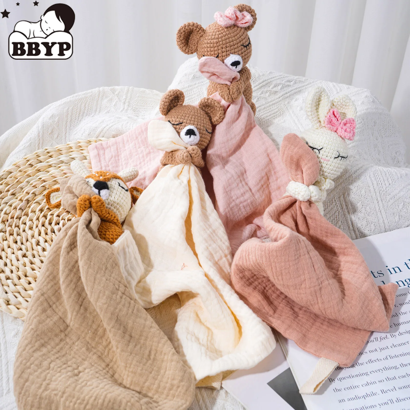 Baby Sleeping Toy Soother Towel Bib Animal Bear Cow Doll Infants Soft Comfort Bib Lovely Animal Baby Security Blanket with Noise