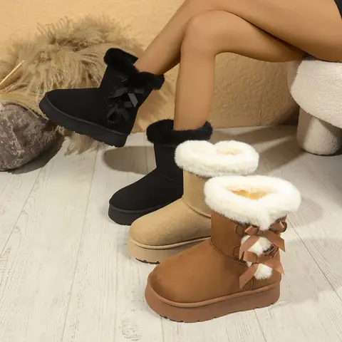 Zapatos de algodón cálidos antideslizantes para mujer, botas de nieve a media pantorrilla con lazo cálido y forro polar, cómodas, para otoño e invierno, 2025