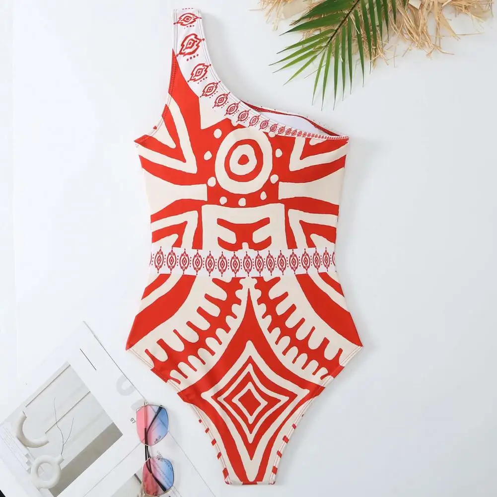 Women One-shoulder Swimsuit Ethnic Print One Shoulder Monokini Pants Set for Women Conservative Swimwear with Wide Leg Trousers