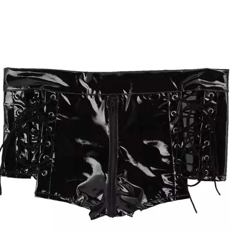 Pantalones cortos de piel sintética para mujer, Shorts de cintura baja, Sexy, ajustados, con cordones, color negro y rojo, informales, a la moda, de