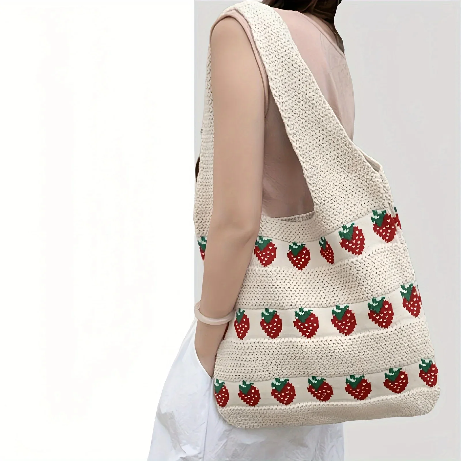 

2025 Shoulder Bag For Women Strawberry Print Knitted Tote Bag Spring Summer Lightweight Travel Cottagecore Minimalist Hand Bag