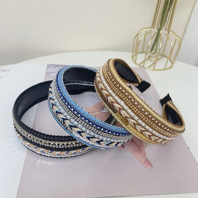 New Wide Edge Flat Hair Band Ethnic Head Band Inlaid with Diamond Pearl Sequins Pressed Hair Extension Shampoo Hair Clip