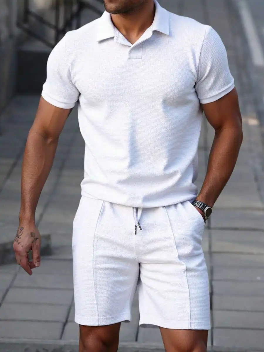 

Men's White Textured Polo Shirt and Matching Shorts Set, Casual Minimalist Summer Outfit