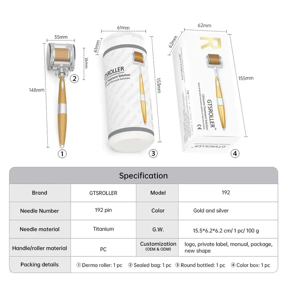 GTSRoller 192 Pins Medical Grade Titanium Gold Micro Needle Derma Roller For Anti Aging Skin Care And Hair Growth Dermaroller