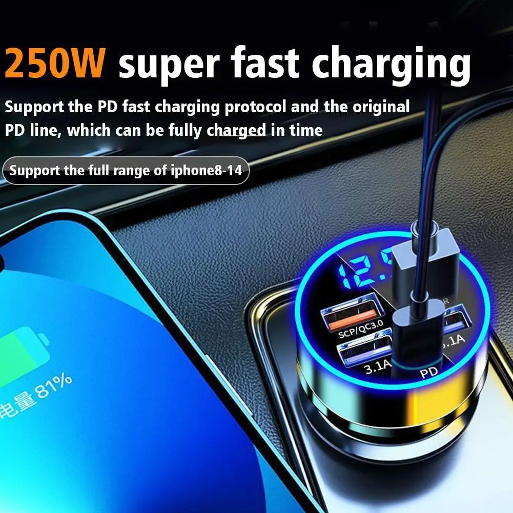 250W 5 Ports Car Charger Fast Charging PD QC3.0 USB C Car Phone Charger Type C Adapter In Car For Iphone 