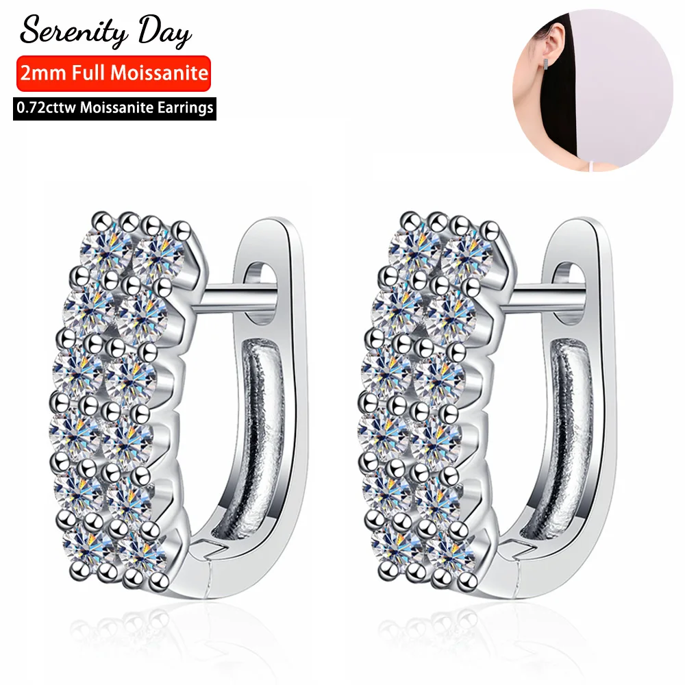 Serenty Day-pendientes de aro de moissanita para mujer, Color 0,72 cttw D, 2mm, plata S925, chapado en oreja, oro blanco de 18K, joyería fina