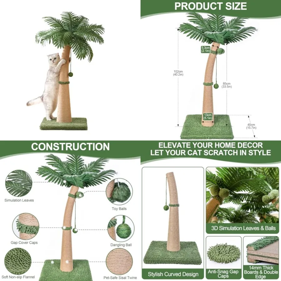 

40'' Tall Cat Scratching Post Cat Tree, Curved Design Cat Scratcher Post with 3 Interactive Balls, Natural Sisal Rope Cat Scrat