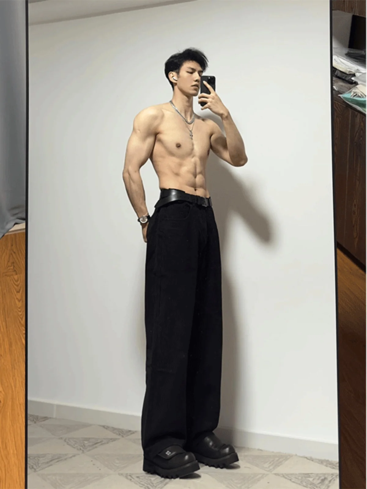 

Bla Draped Denim Jeans Men's High Street Sle Fall Faion Cleanfit Pants Micro Flared Straight Leg Cotton Polyester Blend