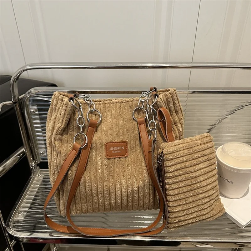 

​2025 Women's Corduroy Tote Bag Large Capacity Underarm Purse Chain Strap Commuter Shoulder Bag​