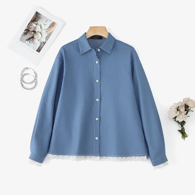 ZANZEA Mode Shirts Frauen Langarm Bluse Feste Spitze Patchwork Tunika Tops Herbst Revers Elegante Büro Streetwear OL Blusas