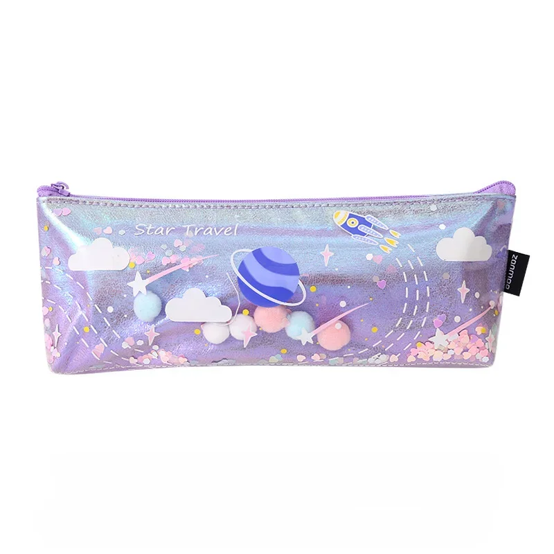 Estuche de lápices de arena a la deriva de planetas creativos, bolsa de papelería personalizada para estudiantes, monedero láser, bolsa de