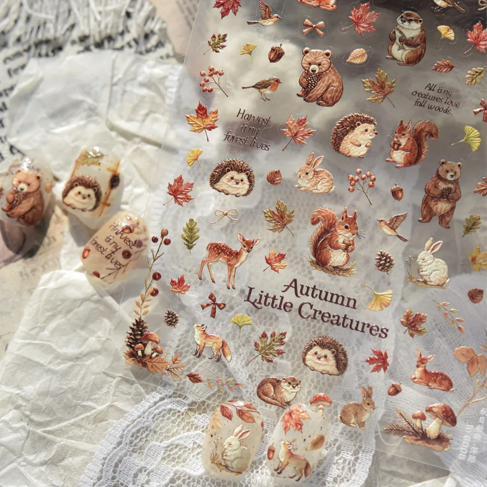 5D Embossed Vintage Fall Forest Animal Nail Stickers Cute Bear Squirrel Hedgehog Rabbit Maple Leaf Autumn Decals Manicure Decor