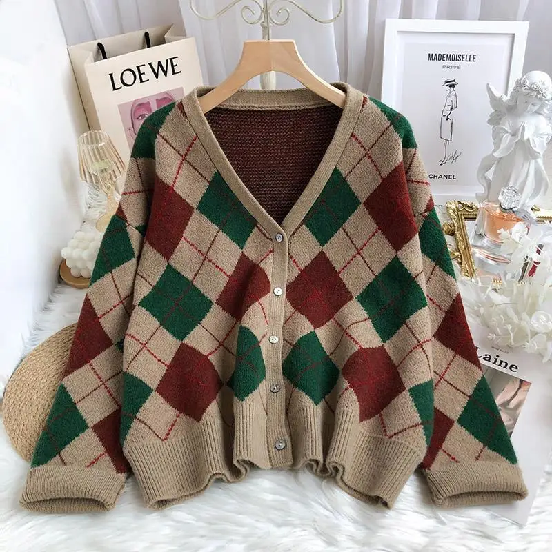 Women Autumn and Winter Korean Style V-Neck Lozenge Contrast Panelled Knit Cardigan Sweater Thickened Button Long Sleeves Coat