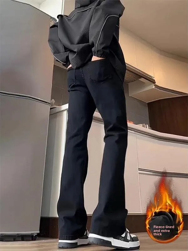 

Черные прямые джинсы из эластичного флиса с подкладкой для мужчин, в американском стиле, для весны и осени, свободного кроя, дышащие