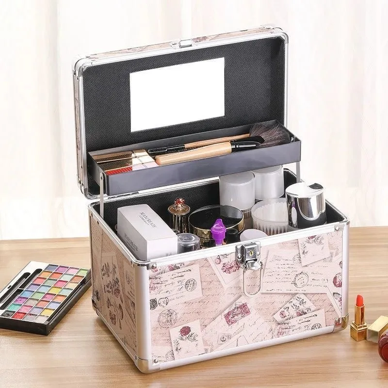

Makeup Organizer with Combination Lock Embroidery Nail Tool Box Multifunction with Mirror Home Makeup Box