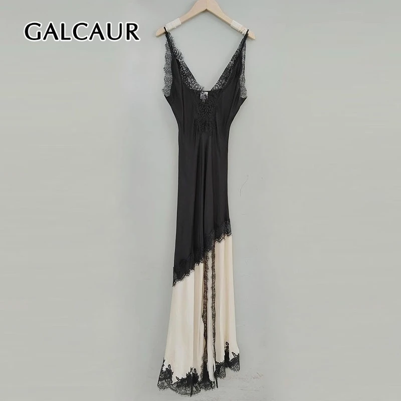 GALCAUR Abiti sexy in pizzo trasparente con giunture di colore di successo per le donne Abito elegante diviso senza maniche con scollo a V Stile di abbigliamento di moda femminile