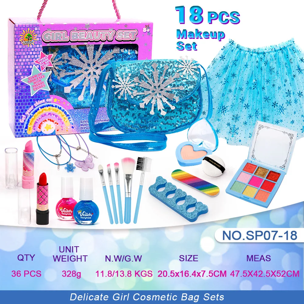หญิง Play House ของเล่นเครื่องสําอางค์ชุดเกล็ดหิมะสีฟ้าเด็กชุดเจ้าหญิงไหล่กระเป๋าเล็บอายแชโดว์ Party Dress Up ของเล่นของขวัญ