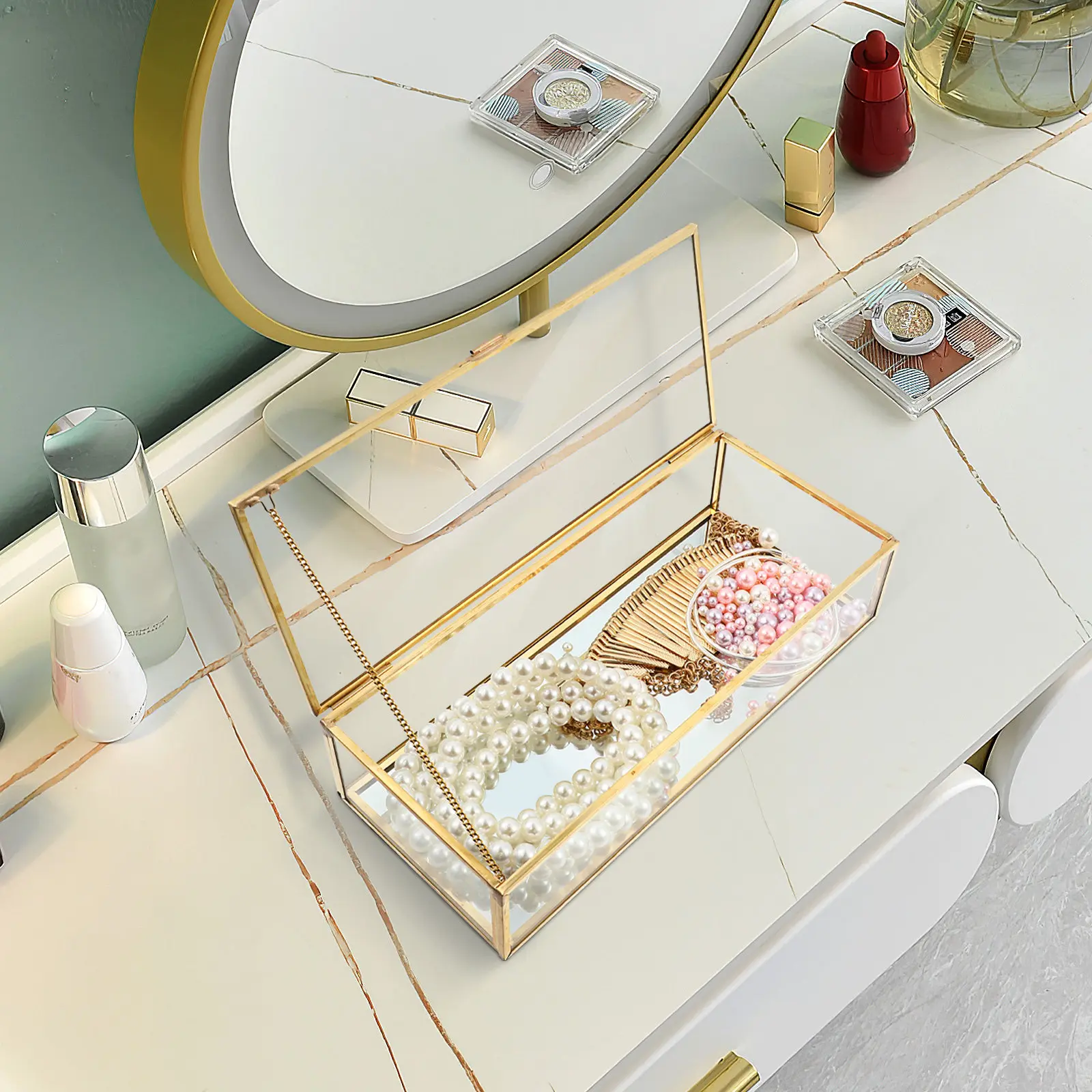 Elegant Thick Glass Jewelry Storage Box Mirrored Base Jewelry Organizer for Keepsakes Dust Protection Display Case Wedding