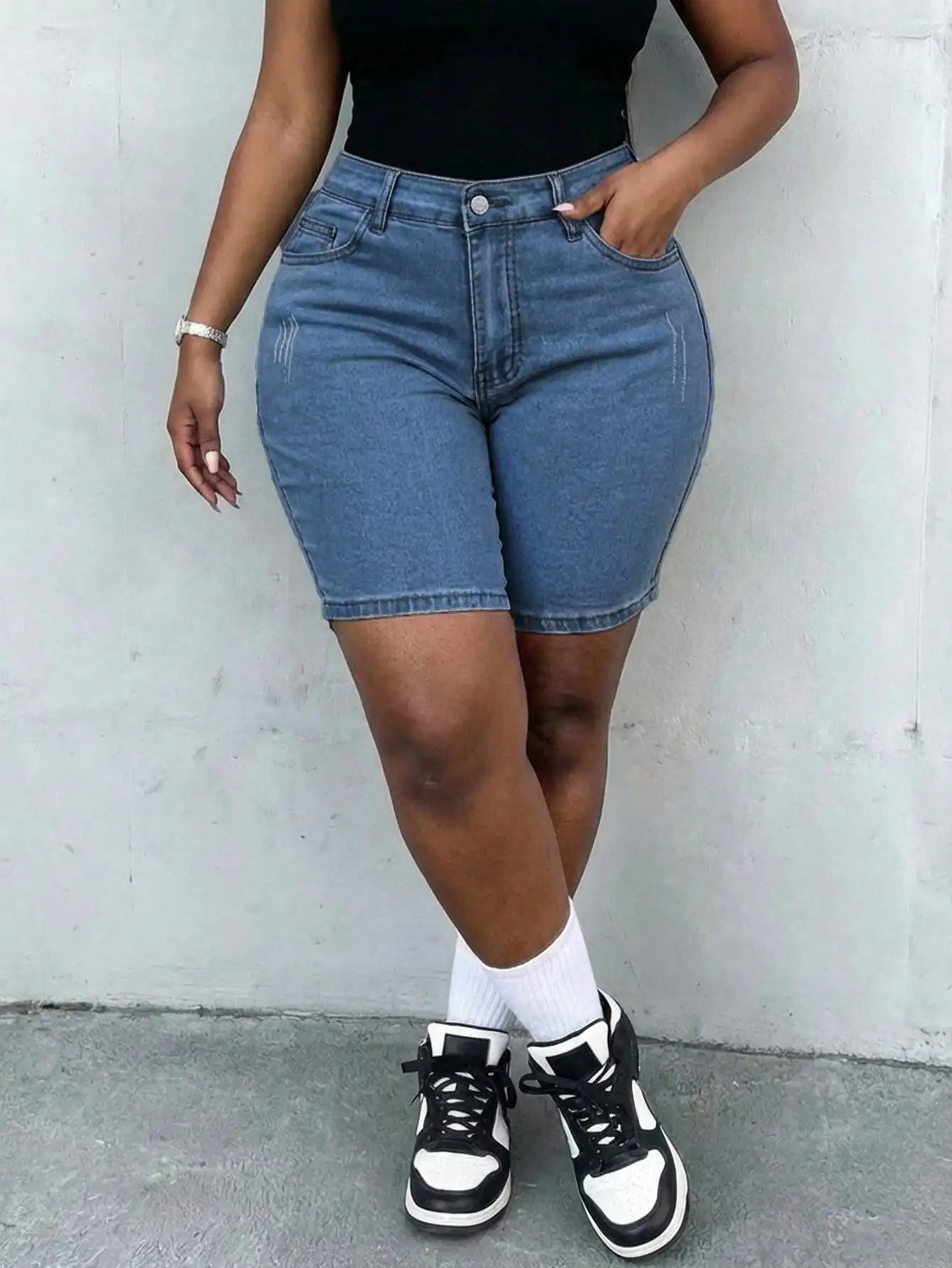 

Women's High Waist Stretchy Denim Shorts with Whisker Detail, Casual Summer Beach & Festival Wear