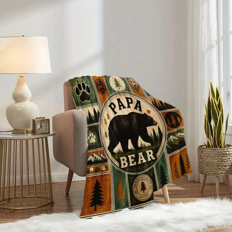 Wilderness Papa Bear Flannel Blanket Soft Comfortable Throw Blanket Retro Forest Mountain Bear Patchwork Print Blanket