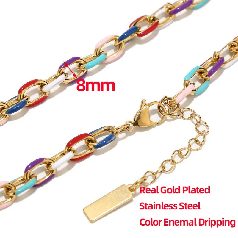 1pcs Stainless Steel 8mm Rolo Cable Link Chain Bracelet O Shape Enamel Curb Cuban Necklaces For Chokers Solid Metal Jewelry
