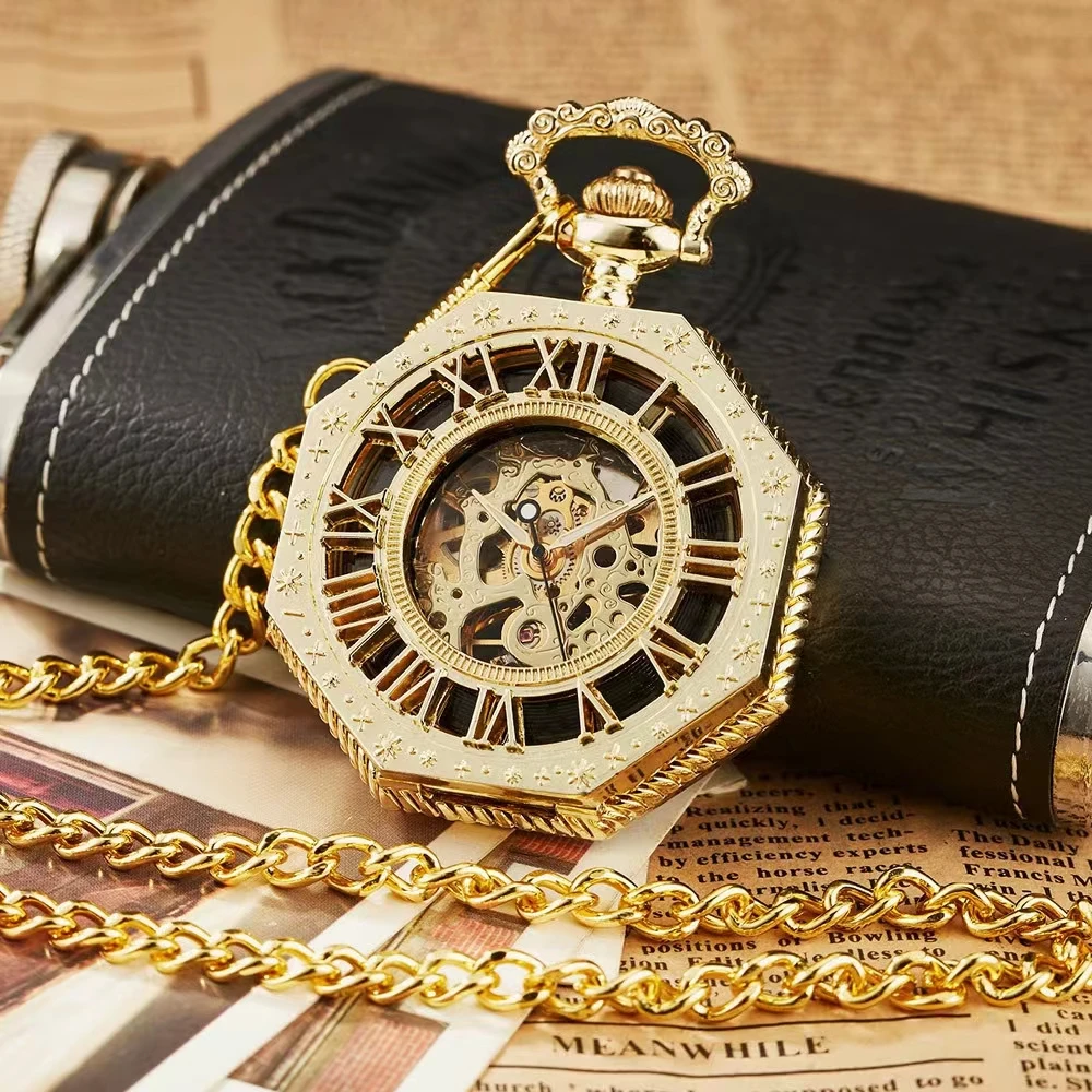 Reloj de bolsillo mecánico octogonal grabado de esqueleto con números azules romanos vintage