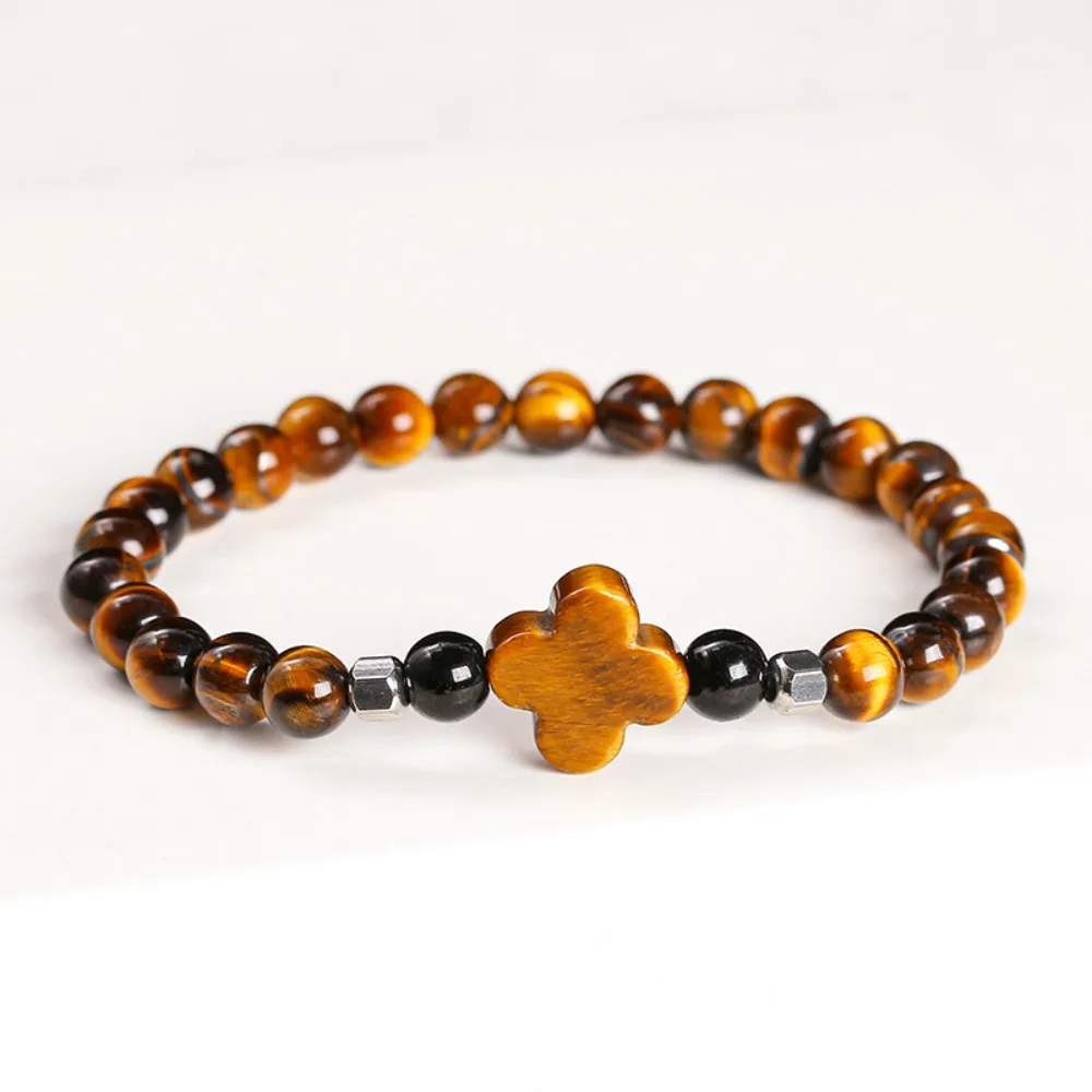 Elastic Yellow Tiger Eye Stone Bracelets Classic Neo-Chinese Style Lucky Clover Bracelet Jewelry Chinese Style