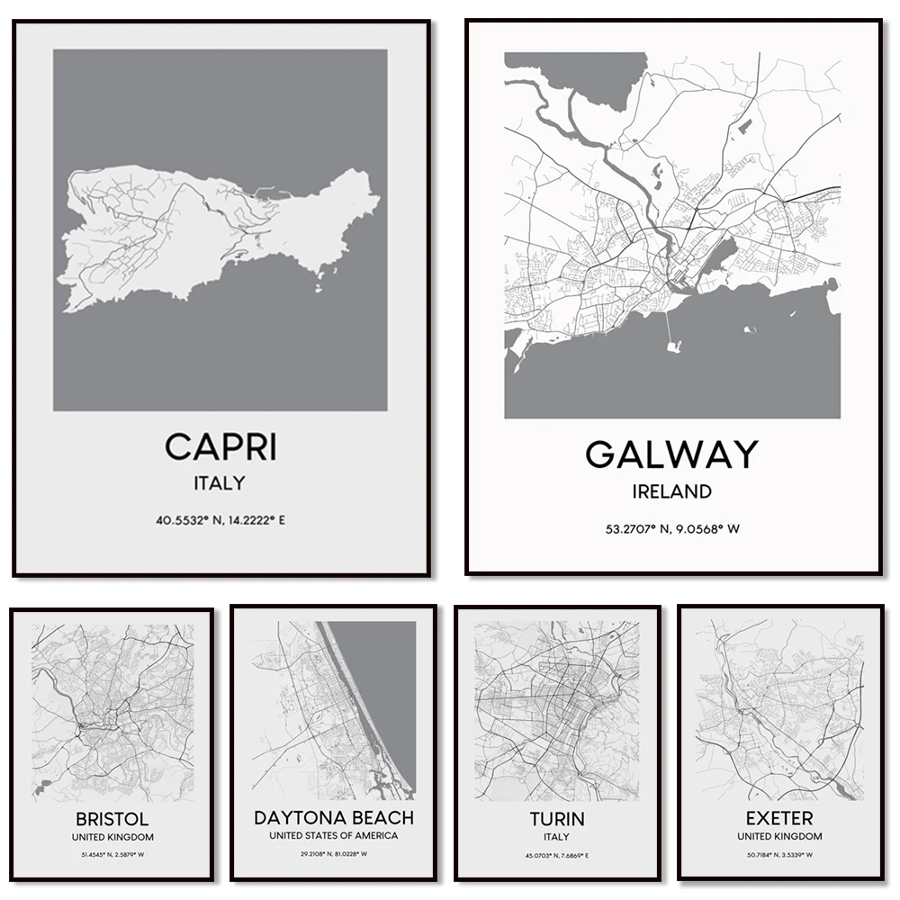 Map poster, Bristol England, Cork Ireland, Bruges Belgium, Monaco map print black and white Principality travel print coordinate