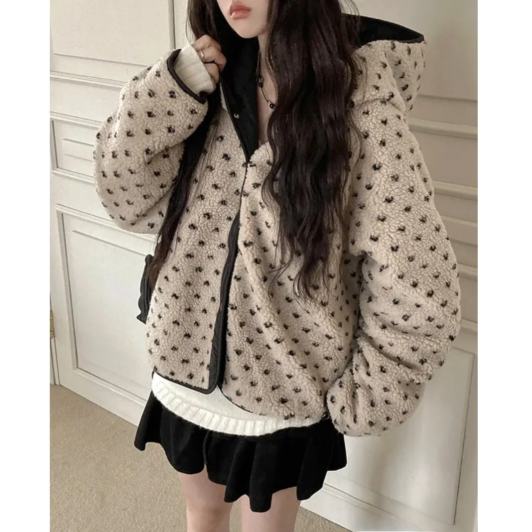 

Women's Cotton Jaet Autumn Winter Korean Sle Lamb Velvet Warm Slim Fit Hooded Double Sided Casual Plu Bread Coat Top
