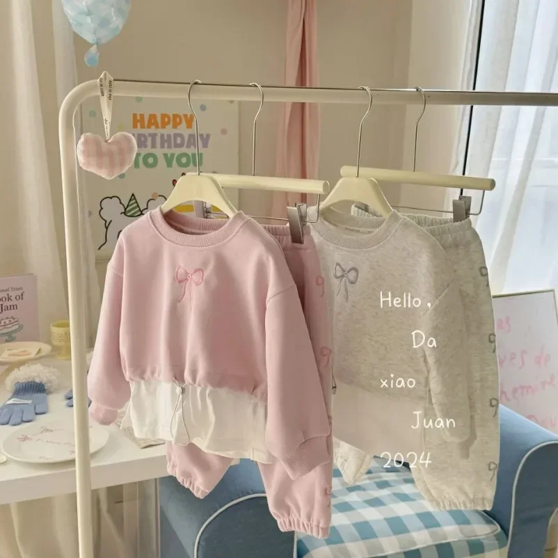 Childrens Sets Girl Sweater Spring New Fashionable Children  Motion Bow Long Sleeves 2024 Spring Autumn Sweet Round Collar