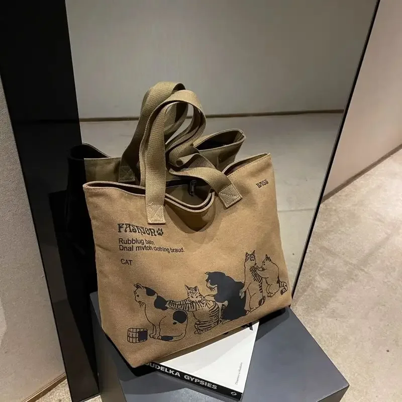 Bolsa de lona grande para mulheres, Armazenamento de compras, Totes impressas do gato dos desenhos animados do trajeto, Bolsa grande portátil do