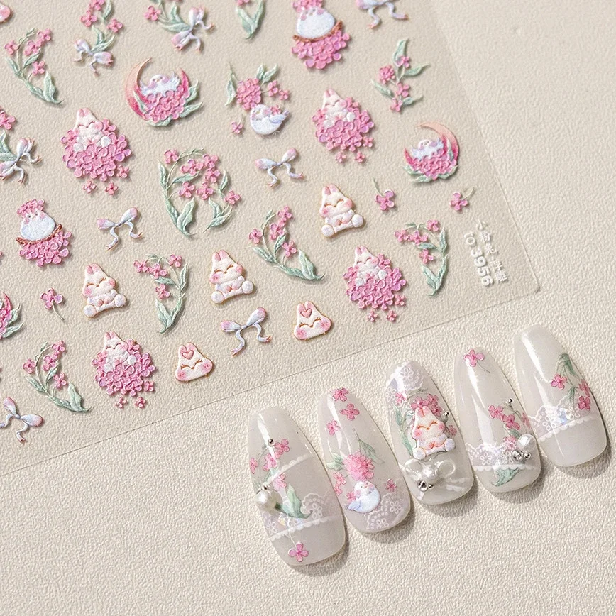 Bunny Bird Pink Orchid Flower Moon Strawberry Rainbow Tulip Peach Carrot Bowknot Embossed Relief Nail Art Sticker Manicure Decal