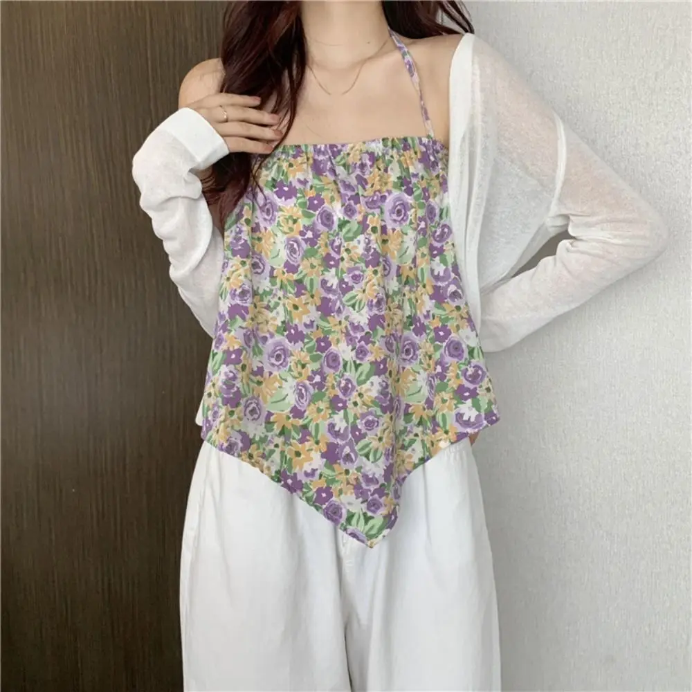 

Fashion Sleeveless Sweet Flower Halter Vest Loose Camisole Floral Crop Tops Thin Spicy Girl Tops Girl
