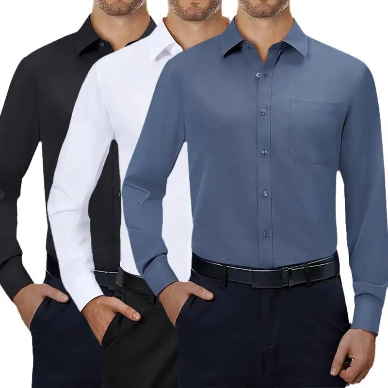 3 Pack Men's Dress Shirts 4 Way Stretch Long Sleeve Collared Easy Care Comfortable Fit  Color Business Casual Shirt