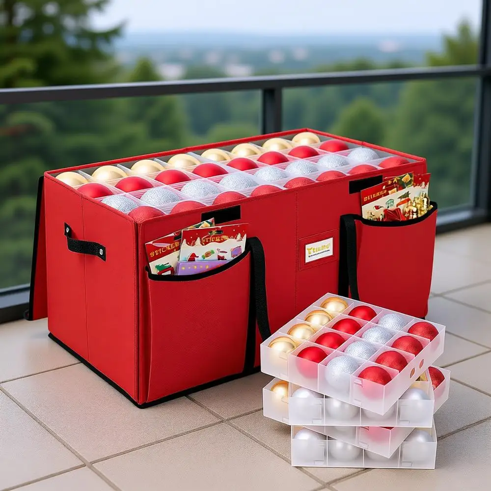 

Коробка для хранения украшений с разделителями, премиальный контейнер для хранения праздничных украшений, для рождественских декораций (на 128 шаров, красный, жесткий)