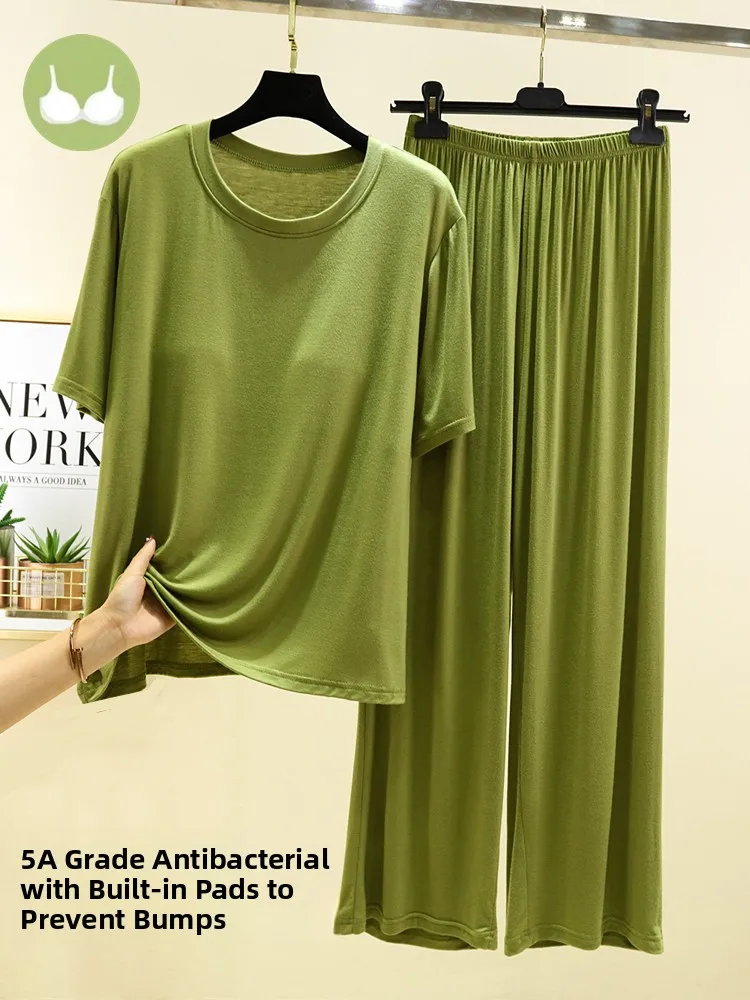 Modal Loose Short Sleeve Sleepwear Set Women's Summer Thin Home Clothes Two-Piece Set with Chest Pad Can Be Worn outside 5