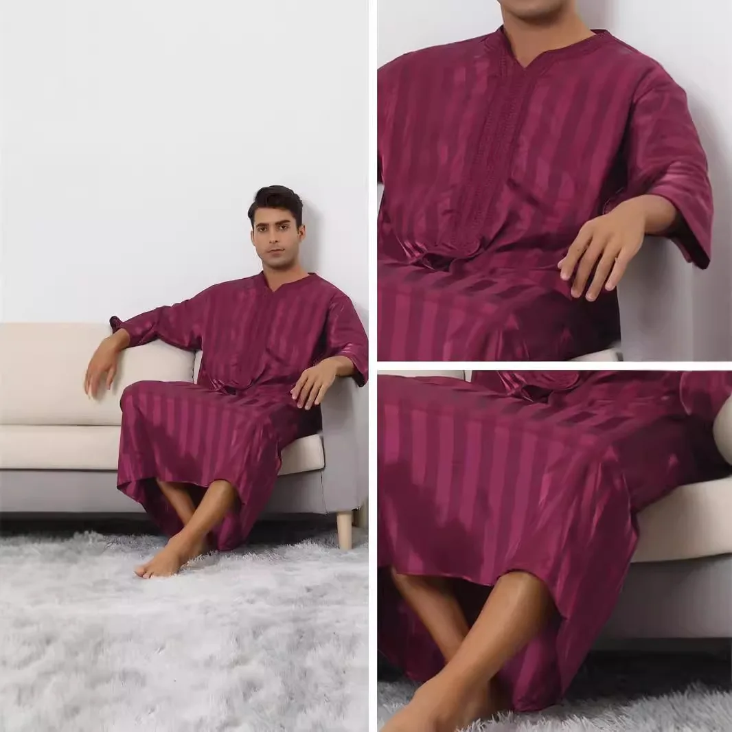 2024 New Moroccan Dubai Clothing Striped Robe with Embroidered Saudi Arabia on Middle Sleeve