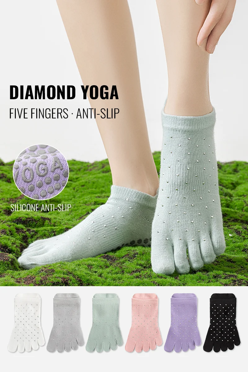 MiiOW-calcetín antideslizante para Pilates, calcetín de Yoga para mujer, calcetines de cinco dedos, calcetín tobillero para Fitness en interiores, calcetines con punta abierta, calcetín con decoración de diamantes