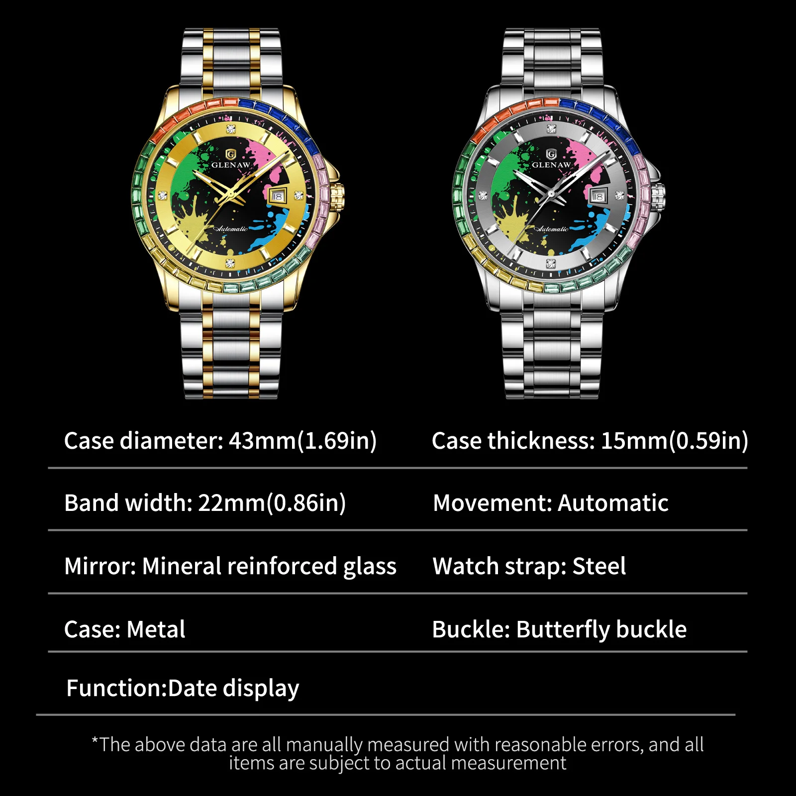 2025年新作 GLENAWデザイン レインボーサークル 機械式腕時計 メンズ グラフィティ文字盤 ナイトライト カレンダー 防水 高級機械式腕時計