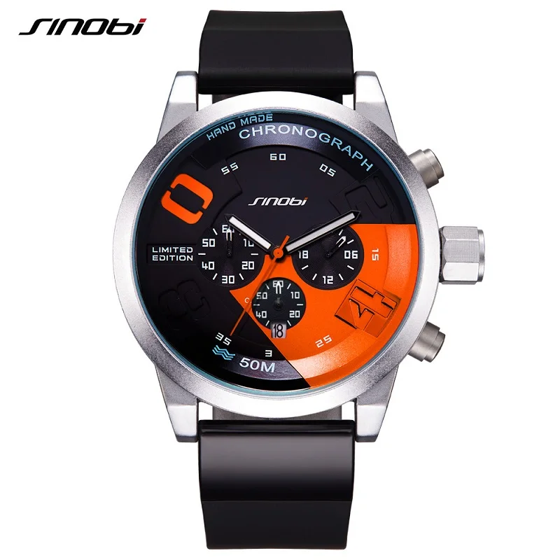 SINOBI Men Sports Watches  Waterproof Black Dial Males Chronograph Quartz Wrist Watch 2017 New Fast Furious Relogio Masculino