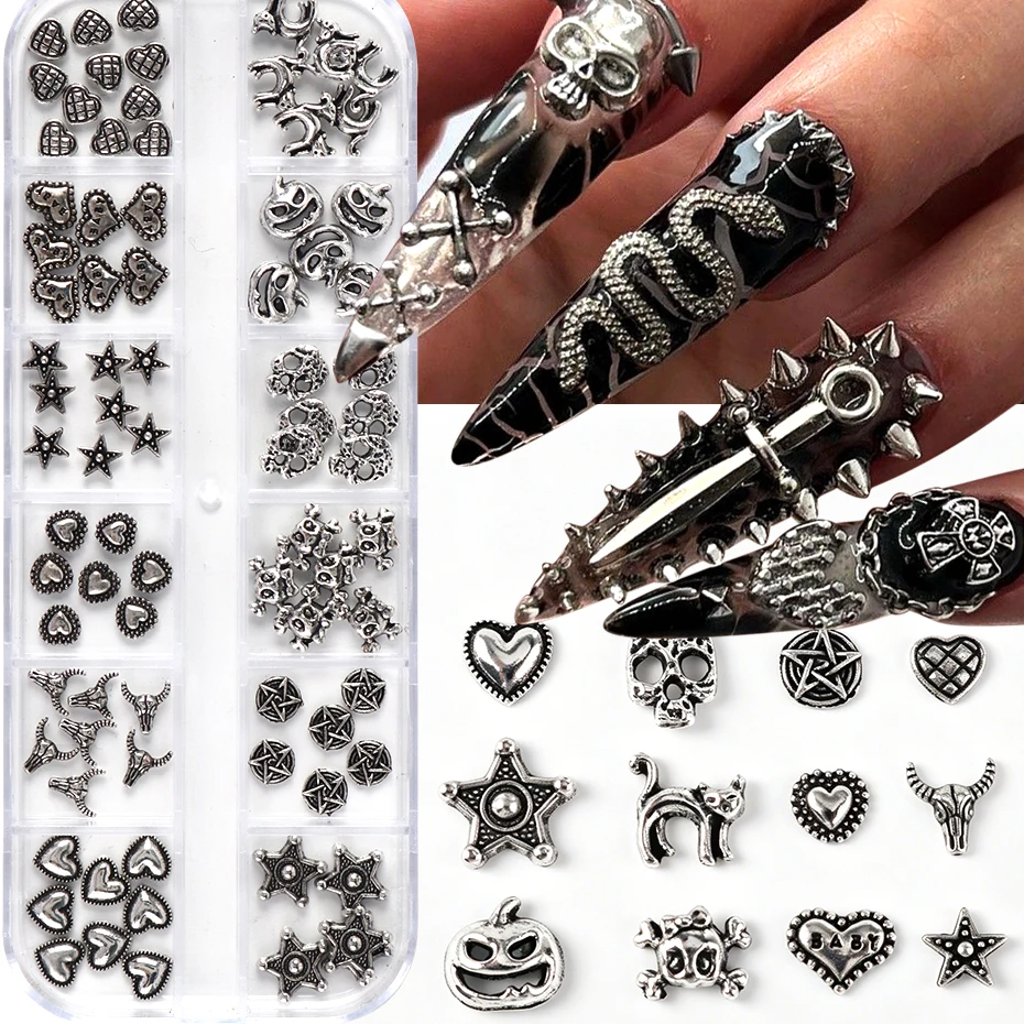 12 Gitter Schwarze Metall Gothic Nagelkunst-Dekorationen Stern Herz Totenkopf Katze Punk-Design Nagelkunst-Schmuck Maniküre-Zubehör