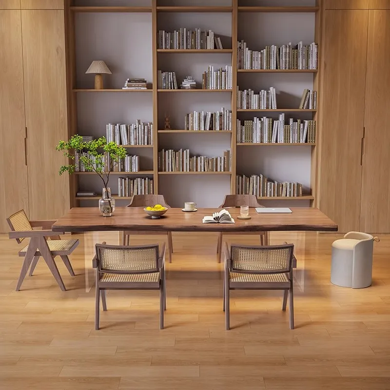 Suspended acrylic strips to the living room, modern simple solid wood home workbench, large tea meal, book table and chair